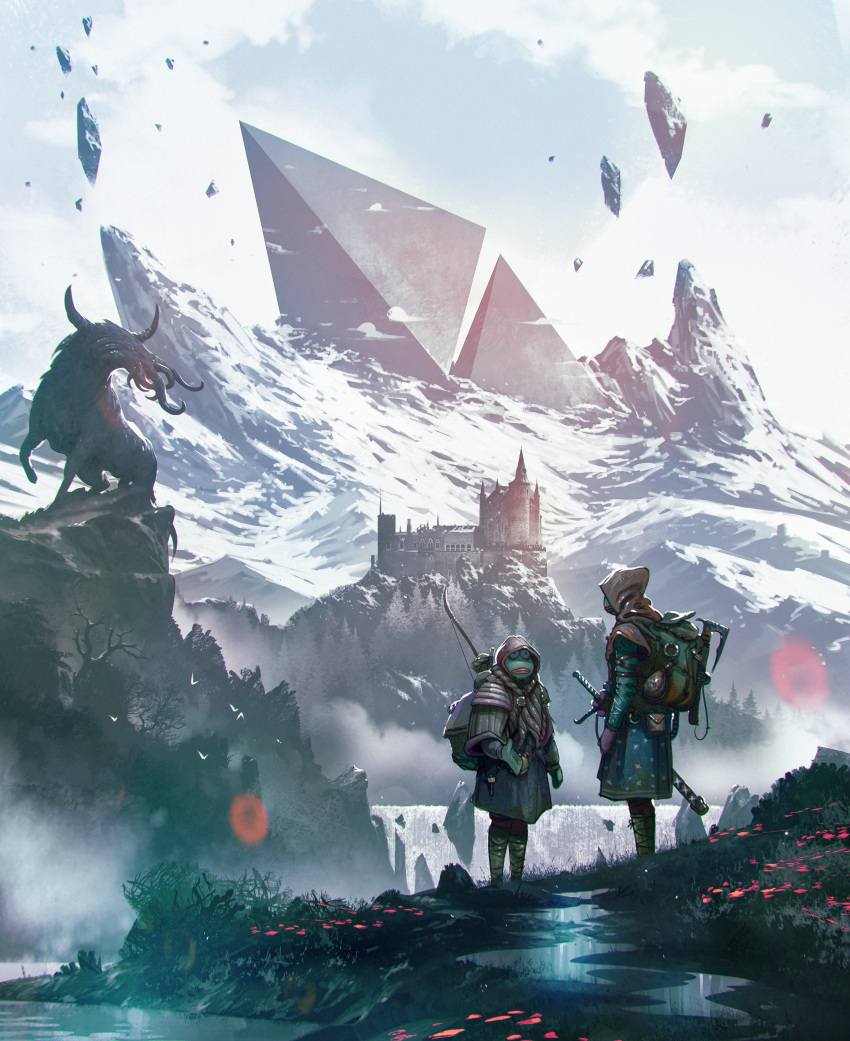 2boys absurdres animal backpack bag bow_(weapon) clouds cloudy_sky creature frog_boy from_side gloves highres hood hood_up kalmahul looking_at_another mountain multiple_boys original outdoors path sky snow standing sword tree water weapon
