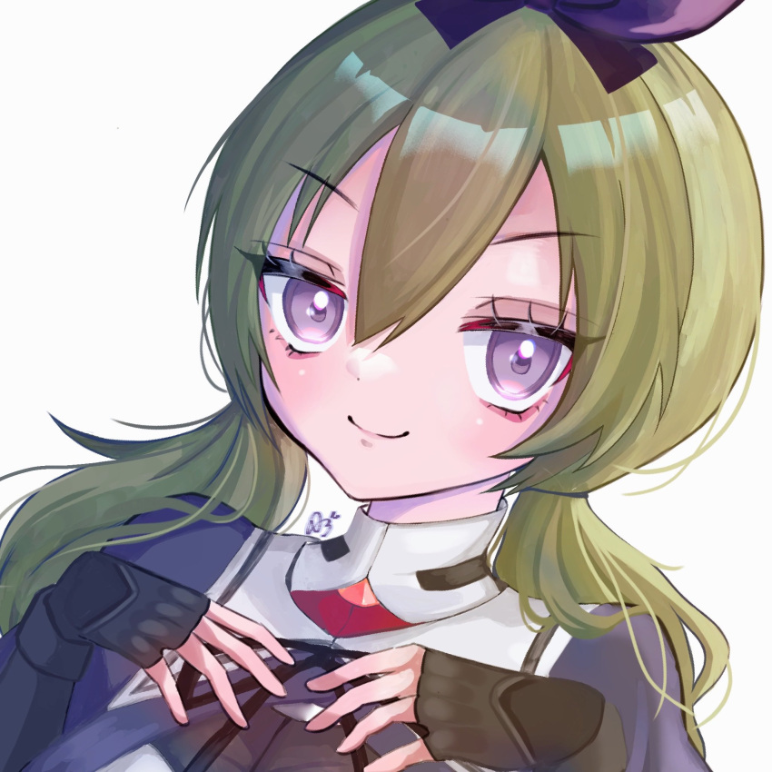 &gt;:) 1girl artist_name assault_lily black_bow black_gloves black_ribbon black_shirt bow closed_mouth commentary_request cropped_jacket fingerless_gloves gloves green_hair hair_between_eyes hair_bow hands_up highres long_hair long_sleeves looking_at_viewer low_twintails myuru_(q_t_a_q) neck_ribbon portrait ribbon school_uniform shirt simple_background solo twintails two-tone_shirt v-shaped_eyebrows violet_eyes white_background white_shirt yamanashi_hibari yurigaoka_girls_academy_school_uniform