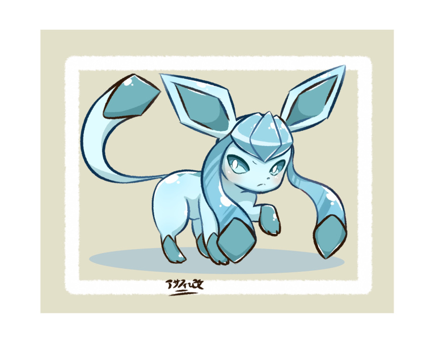 animal_focus asafiy blue_eyes blue_skin border colored_skin commentary_request dot_nose glaceon grey_background highres ice no_humans pokemon pokemon_(creature) prehensile_ribbon solo tail translation_request white_border