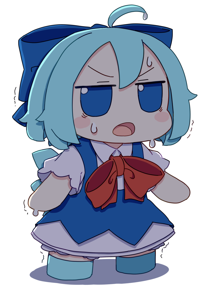 1girl absurdres ahoge blue_bow blue_dress blue_eyes blue_footwear blue_hair blush_stickers bow cirno collared_shirt dress fairy fumo_(doll) hair_bow highres ice ice_wings kame_(kamepan44231) open_mouth pinafore_dress red_ribbon ribbon shirt shoes short_hair short_sleeves simple_background sleeveless sleeveless_dress solo standing sweat touhou trembling white_background white_shirt wings