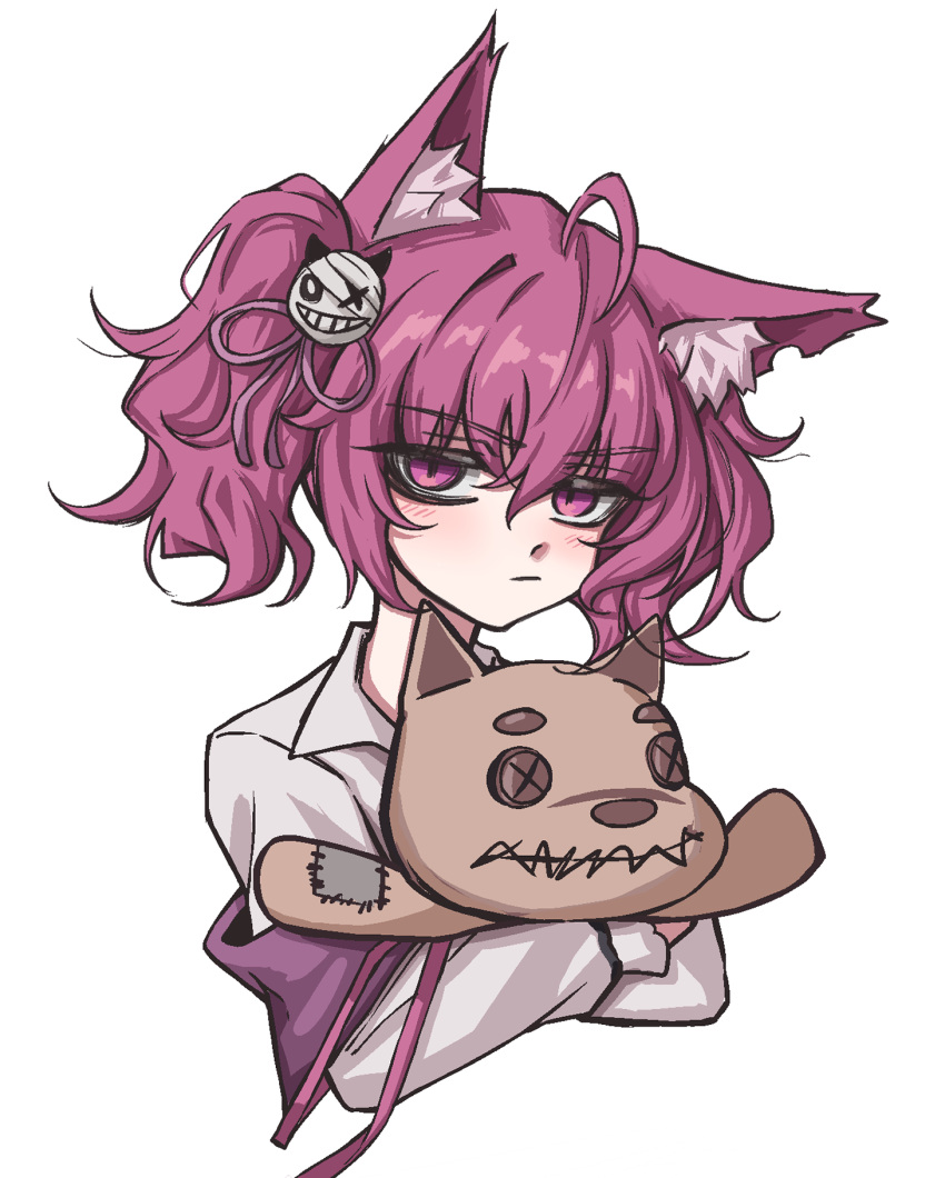 1girl ahoge animal_ear_fluff animal_ears arknights collared_shirt fox_ears fox_girl hair_between_eyes highres holding holding_stuffed_toy long_hair looking_at_viewer morte_(arknights) petra_(jgc845601) pink_eyes pink_hair shamare_(arknights) shirt simple_background solo stuffed_toy twintails upper_body white_background white_shirt