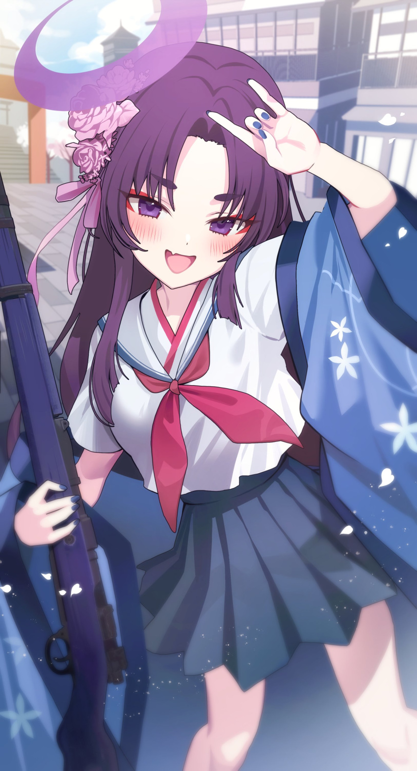 1girl absurdres arm_up blue_archive blue_nails blue_skirt blush eyeshadow fang flower gun hair_flower hair_ornament halo haori highres holding holding_gun holding_weapon japanese_clothes long_hair looking_at_viewer luna_nyann makeup neckerchief open_mouth outdoors parted_bangs pink_flower pleated_skirt purple_hair purple_halo red_eyeshadow red_neckerchief sailor_collar school_uniform shirt shirt_overhang short_eyebrows short_sleeves sidelocks skin_fang skirt smile solo violet_eyes weapon white_sailor_collar white_shirt yukari_(blue_archive)