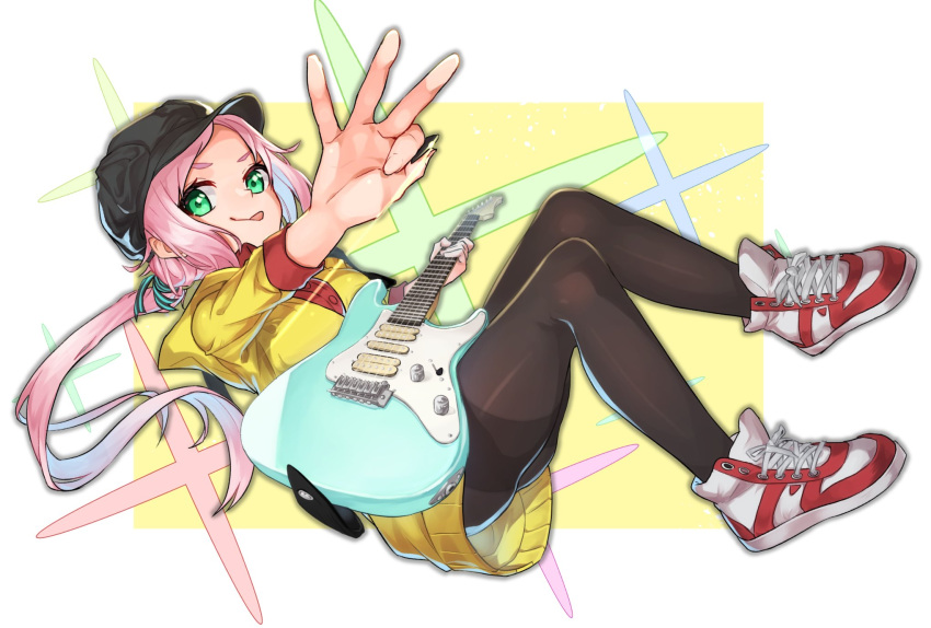 1girl :q black_headwear black_pantyhose blue_hair breasts electric_guitar green_eyes guitar hat highres holding holding_instrument holding_plectrum instrument long_hair looking_at_viewer multicolored_hair original pantyhose pink_hair plectrum ponytail sho_bu_1116 shoes simple_background sneakers solo thighband_pantyhose tongue tongue_out