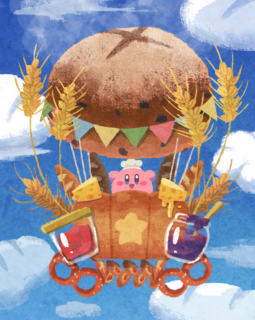 aircraft baguette blue_eyes blue_sky blush_stickers bread bread_bun cheese chef_hat clouds fantasy food food_focus hat highres hot_air_balloon jam jar kirby kirby_(series) miclot no_humans open_mouth pretzel sky smile wheat white_headwear