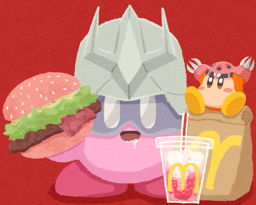 bacon bag blush_stickers burger char_aznable cup food goggles gundam helmet holding holding_food kirby kirby_(series) lettuce mcdonald's miclot mobile_suit_gundam no_humans open_mouth paper_bag pink_footwear red_background saliva shoes simple_background waddle_dee