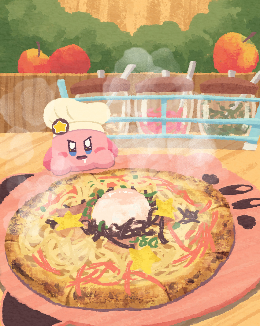 apple blue_eyes blush_stickers bush chef_hat egg food food_focus foodification fruit hat highres kirby kirby_(series) kirby_cafe miclot no_humans open_mouth outdoors pizza saliva sparkling_eyes steam table v-shaped_eyebrows white_headwear