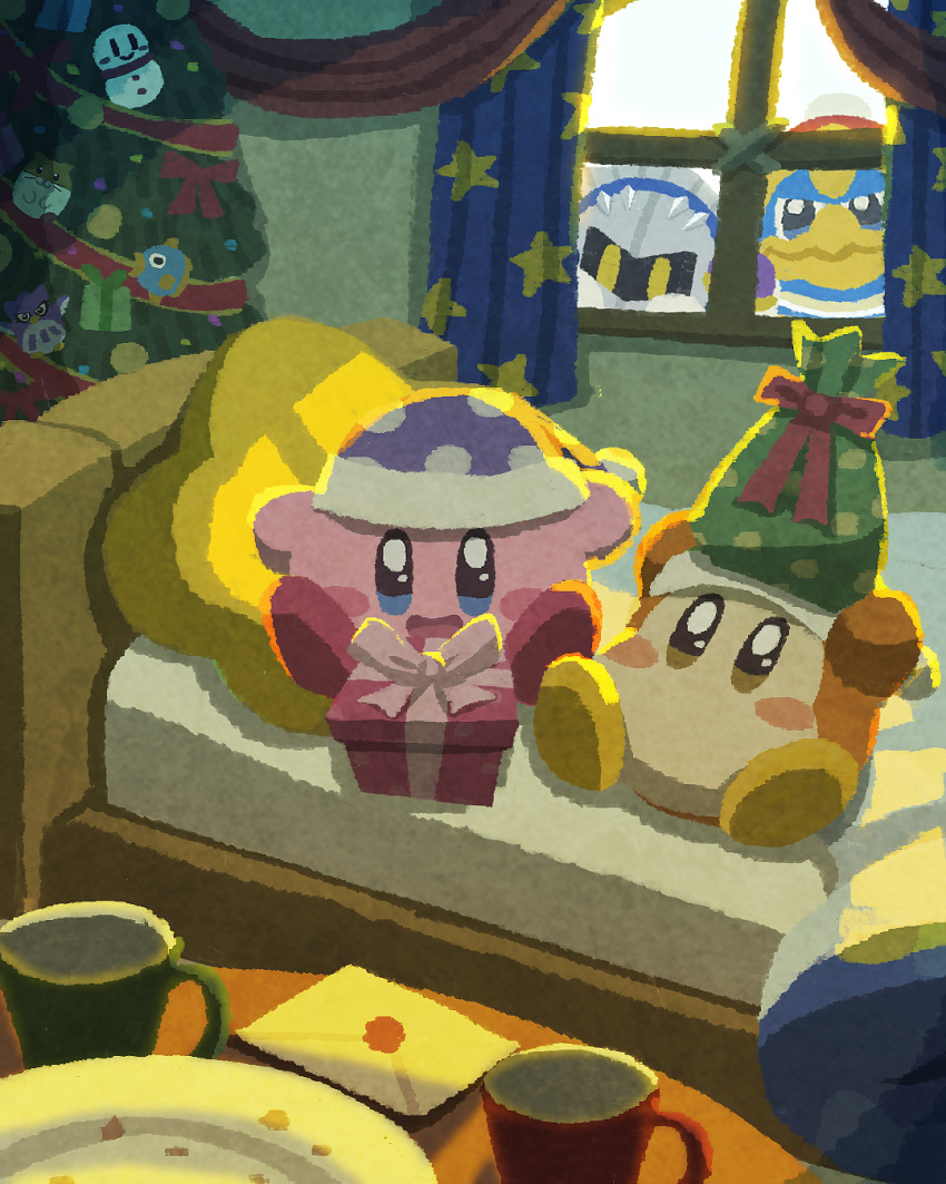 bed blanket blue_eyes christmas christmas_tree envelope gift highres king_dedede kirby kirby_(series) letter mask meta_knight miclot open_mouth pillow plate sleep_kirby smile waddle_dee window yellow_eyes