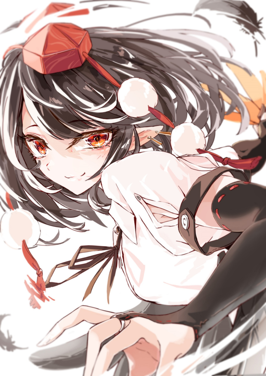 1girl bird_wings black_feathers black_gloves black_hair black_ribbon black_wings breasts bridal_gauntlets closed_mouth collared_shirt commentary_request elbow_gloves eyelashes feathers gloves hat hauchiwa highres jewelry kagami_toufu light_smile looking_at_viewer medium_breasts neck_ribbon pointy_ears pom_pom_(clothes) red_eyes red_headwear red_ribbon ribbon ribbon-trimmed_gloves ribbon_trim ring shameimaru_aya shirt short_hair short_sleeves simple_background solo tokin_hat touhou upper_body white_shirt wind wings