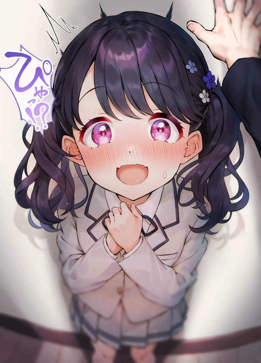 1boy 1girl black_hair blurry_edges blush dot_nose fangs flower fukumaru_koito grey_jacket grey_skirt hair_flower hair_ornament hand_on_wall hands_on_own_chest height_difference highres idolmaster idolmaster_shiny_colors indoors jacket kabedon long_hair long_sleeves looking_at_viewer open_mouth own_hands_together pink_eyes pleated_skirt pov producer_(idolmaster) qianlou_(qianlou12374) school_uniform skin_fangs skirt surprised sweat translation_request trembling twintails wavy_hair wooden_floor