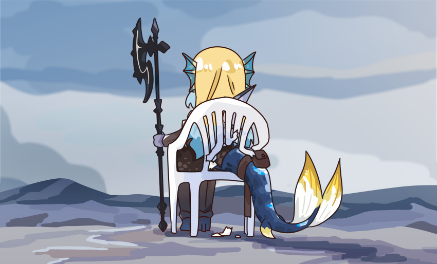 1girl absurdres blonde_hair blue_hair chair commission commissioner_upload dragon_girl dragon_tail gradient_hair highres holding holding_weapon indie_virtual_youtuber lcron long_hair meme monobloc_(chair) multicolored_hair non-web_source sitting solo tail tail_strap vergil's_chair_(meme) virtual_youtuber weapon zeta_(vtuber)