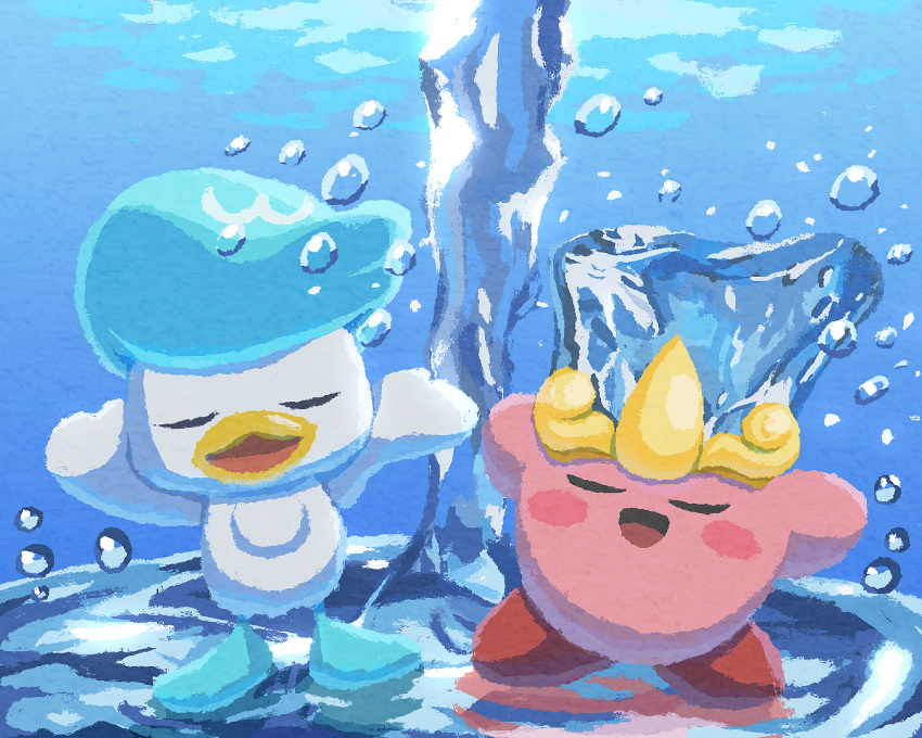 bird blush_stickers closed_eyes copy_ability crossover crown duck kirby kirby_(series) miclot no_humans open_mouth pink_footwear pokemon pokemon_(creature) quaxly shoes smile underwater water water_kirby