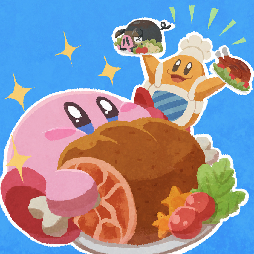 1boy 1other apron arms_up blue_eyes blue_shirt blush_stickers boned_meat chef_hat chef_kawasaki cherry_tomato eating food good_meat_day hat kirby kirby_(series) lechonk lettuce meat miclot no_humans notice_lines open_mouth pink_footwear plate pokemon pokemon_(creature) shirt shoes simple_background sitting smile sparkle tomato turkey_(food) white_headwear