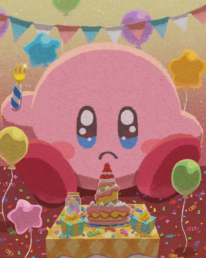 balloon birthday birthday_cake blue_eyes cake closed_mouth emoji food fork highres holding holding_fork indoors kirby kirby's_dream_buffet kirby_(series) looking_at_viewer miclot no_humans pink_footwear pleading_face_emoji sad shoes sitting sparkling_eyes star_balloon string_of_flags table