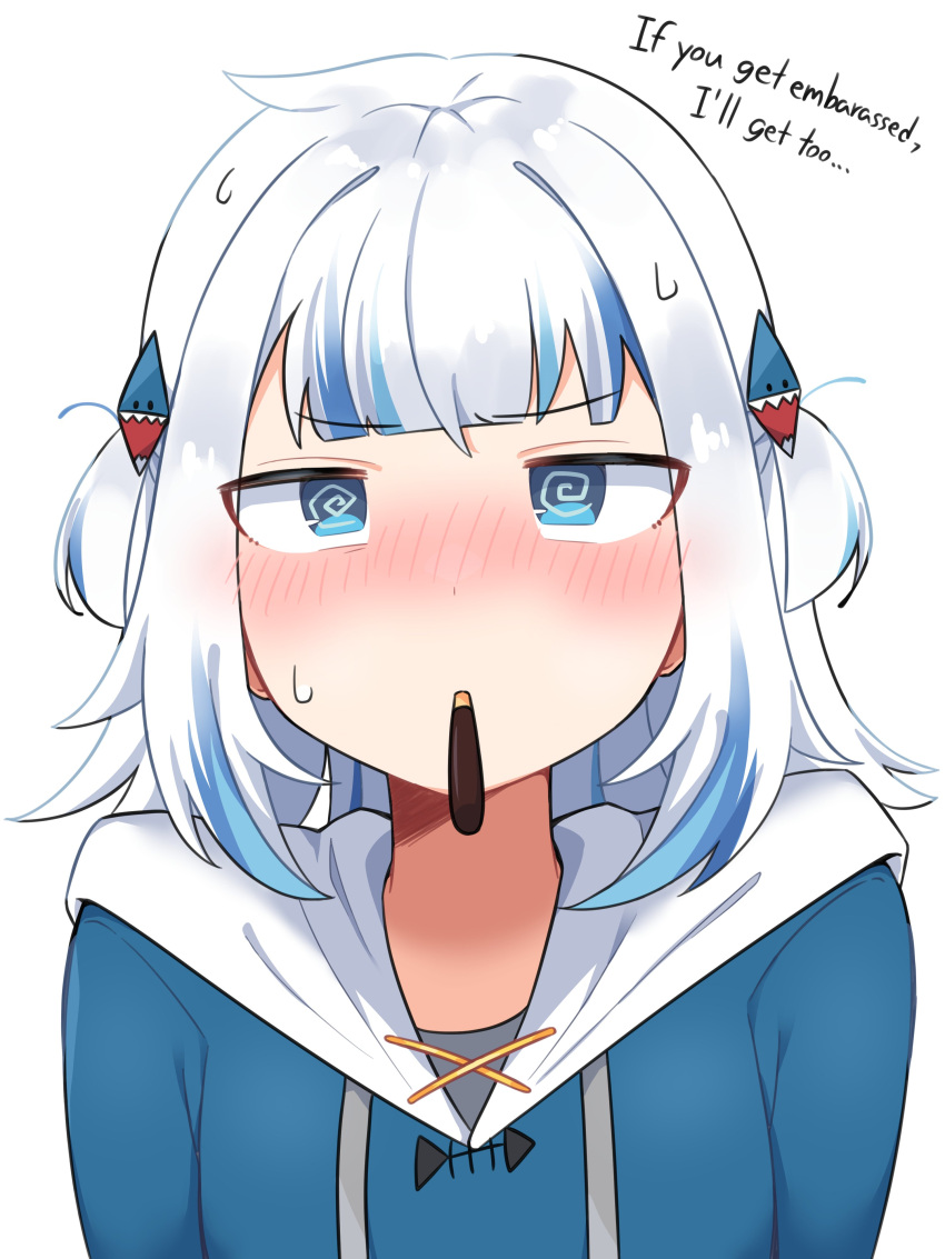 @_@ absurdres blue_hair blush food food_in_mouth gawr_gura gawr_gura_(1st_costume) highres hololive hololive_english incoming_pocky_kiss multicolored_hair pocky pocky_in_mouth skkazu1 virtual_youtuber white_hair