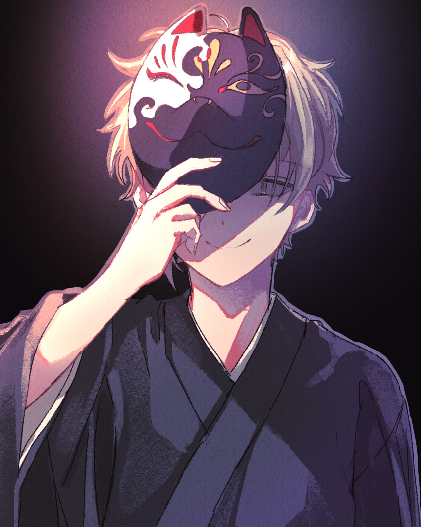 1boy arm_up black_background black_kimono blonde_hair closed_mouth commentary_request dark_background fingernails fox_mask gradient_hair grey_outline highres japanese_clothes kagerou_project kano_shuuya kimono looking_at_viewer male_focus mask mask_lift mask_on_head mokemoke_chan multicolored_hair one_eye_covered outline pink_outline purple_background shadow sleeves_past_elbows smile solo upper_body wide_sleeves yellow_eyes