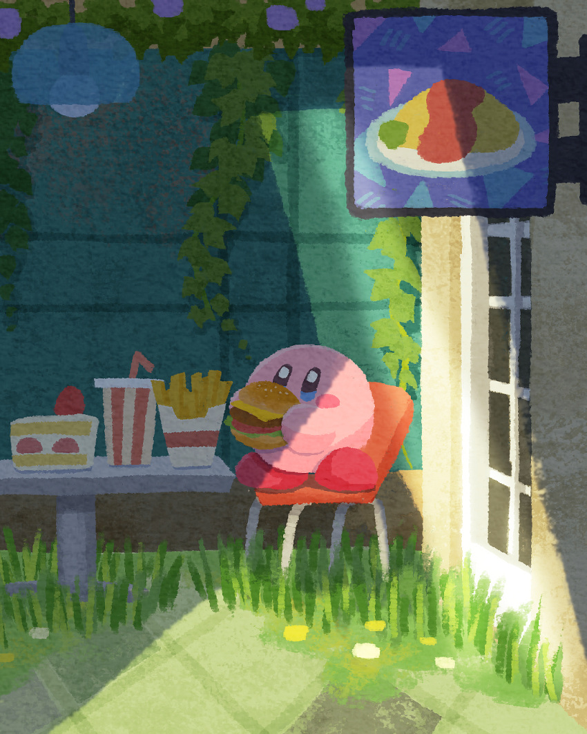 blue_eyes blush_stickers cake chair cup disposable_cup eating food grass highres kirby kirby_(series) kirby_and_the_forgotten_land lamp miclot no_humans omelet omurice plant sign table vines window