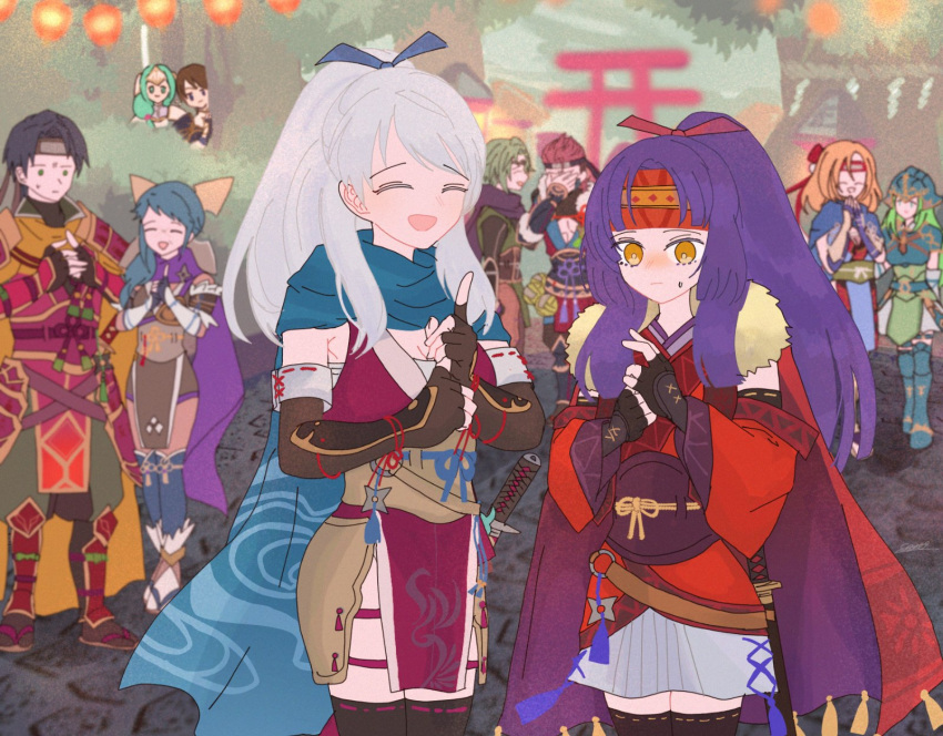 3boys 6+girls armor black_gloves black_hair black_thighhighs blonde_hair blue_hair blue_scarf brown_hair closed_mouth d_kenpis detached_sleeves elbow_gloves fingerless_gloves fire_emblem fire_emblem:_radiant_dawn fire_emblem_fates fire_emblem_heroes gloves green_hair headband heather_(fire_emblem) heather_(ninja)_(fire_emblem) helmet highres japanese_clothes kaze_(fire_emblem) kuji-in long_hair micaiah_(fire_emblem) micaiah_(ninja)_(fire_emblem) multiple_boys multiple_girls nephenee_(fire_emblem) official_alternate_costume official_alternate_hairstyle open_mouth ponytail purple_hair red_headband redhead reina_(fire_emblem) reina_(ninja)_(fire_emblem) saizo_(fire_emblem) saizo_(ninja)_(fire_emblem) sanaki_kirsch_altina sanaki_kirsch_altina_(ninja) scarf sheath sheathed short_hair siblings sigrun_(fire_emblem) sisters skirt sweatdrop sword tanith_(fire_emblem) thigh-highs weapon white_hair yellow_eyes zelgius_(fire_emblem) zelgius_(ninja)_(fire_emblem)