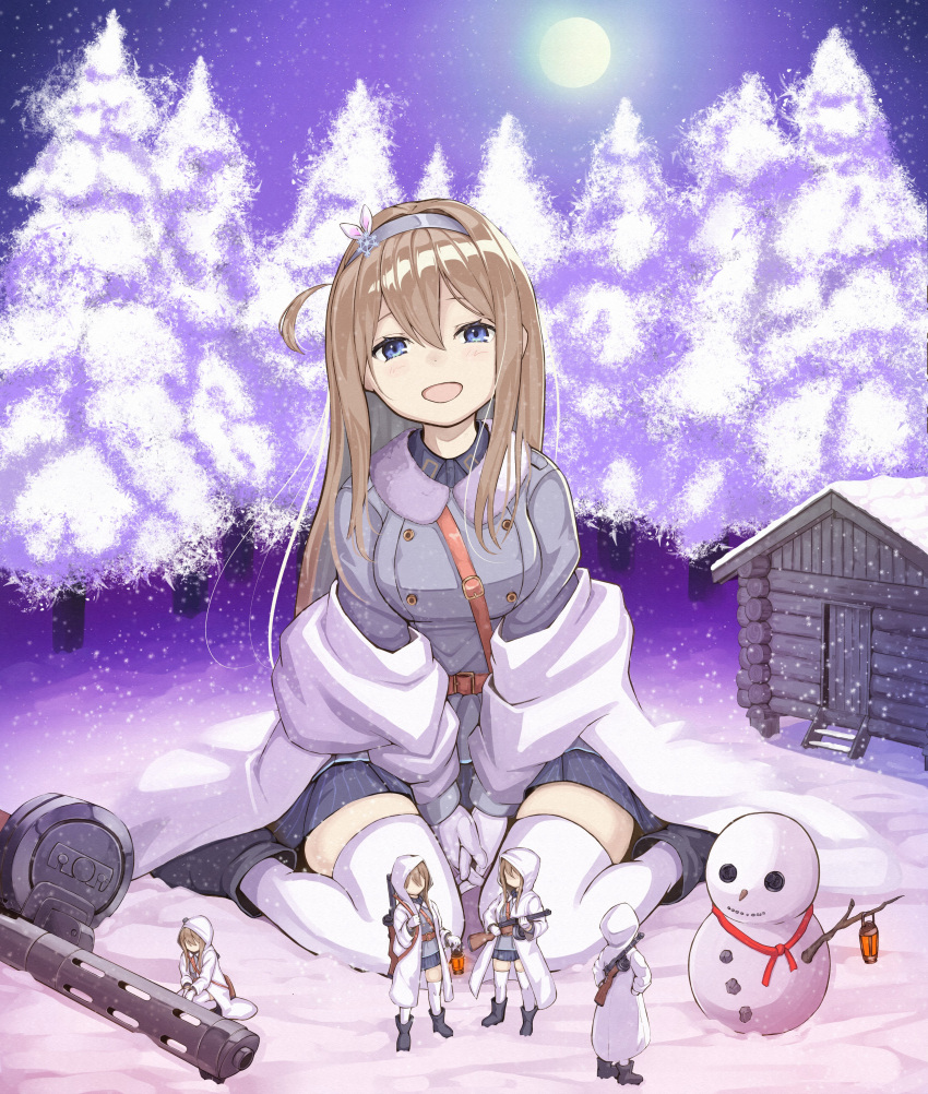 1girl absurdres blonde_hair blue_eyes blue_jacket commission drum_magazine giant giantess girls_frontline gloves gun hair_between_eyes hairband highres holding holding_gun holding_weapon jacket long_hair long_sleeves looking_at_viewer magazine_(weapon) numazume open_mouth second-party_source sitting skirt smile snowing snowman submachine_gun suomi_(girls'_frontline) suomi_kp/-31 thigh-highs wariza weapon white_gloves white_thighhighs