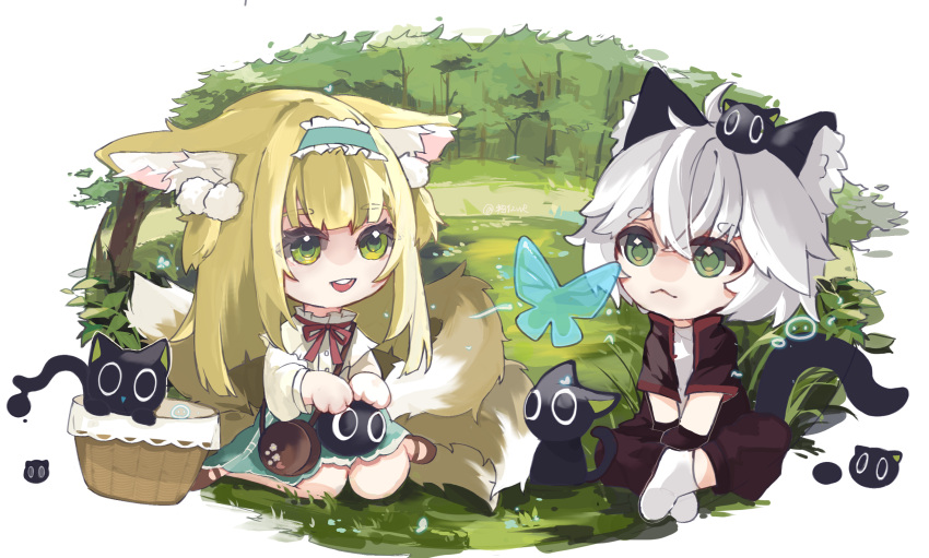 1boy 1girl :3 :d animal_ear_fluff animal_ears arknights basket black_cat black_gloves black_jacket black_pants blue_butterfly blunt_ends brown_footwear bug butterfly cardigan cat cat_boy cat_ears cat_tail chibi chinese_commentary commentary_request crossed_bangs crossover fox_ears fox_girl fox_tail gloves green_eyes green_skirt hair_between_eyes heixiu highres indian_style jacket kitsune kyuubi long_sleeves luo_xiaohei luo_xiaohei_zhanji mary_janes multiple_tails neck_ribbon official_alternate_costume on_grass open_mouth pants red_ribbon ribbon round_teeth shirt shoes sitting skirt smile socks suzuran_(arknights) suzuran_(spring_praise)_(arknights) tail teeth thick_eyebrows upper_teeth_only wariza white_cardigan white_shirt white_socks wuwr6
