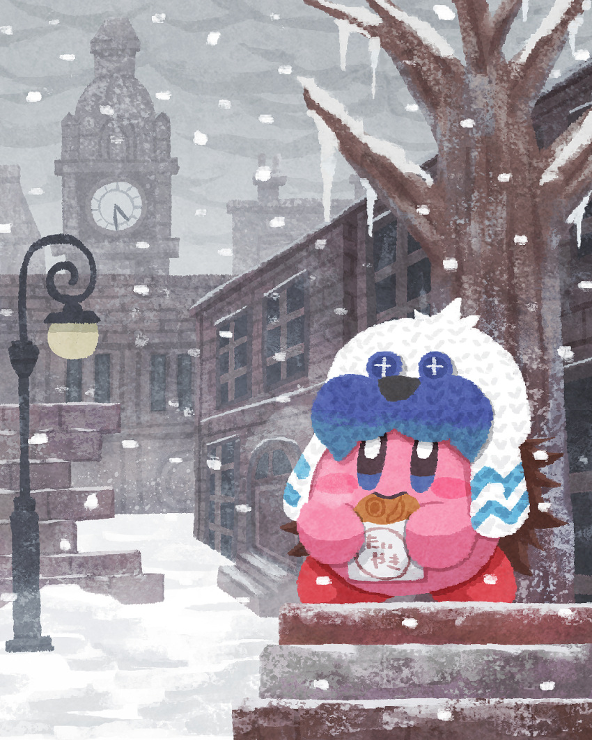 bare_tree blue_eyes blush_stickers city closed_mouth clouds cloudy_sky copy_ability eating food frosty_ice_kirby highres icicle kirby kirby_(series) kirby_and_the_forgotten_land miclot no_humans outdoors pink_footwear scenery shoes sky smile snow snowing taiyaki tree wagashi white_headwear winter