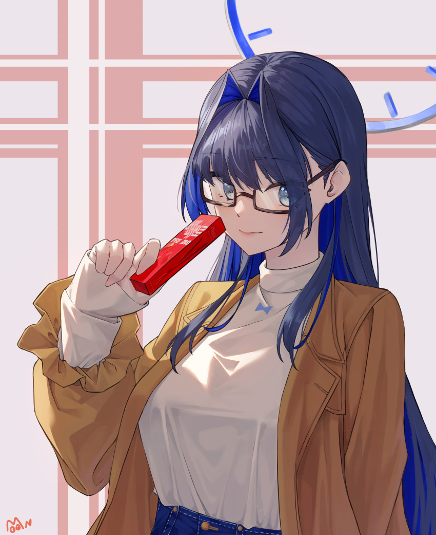 1girl absurdres blue_eyes blue_hair blue_pants breasts brown_coat coat colored_inner_hair denim food glasses hair_intakes halo high-waist_pants highres holding holding_food hololive hololive_english jeans large_breasts long_hair long_sleeves looking_at_viewer mechanical_halo moon_(restire) multicolored_hair official_alternate_costume open_clothes open_coat ouro_kronii ouro_kronii_(3rd_costume) pants shirt signature smile trench_coat turtleneck two-tone_hair virtual_youtuber white_shirt