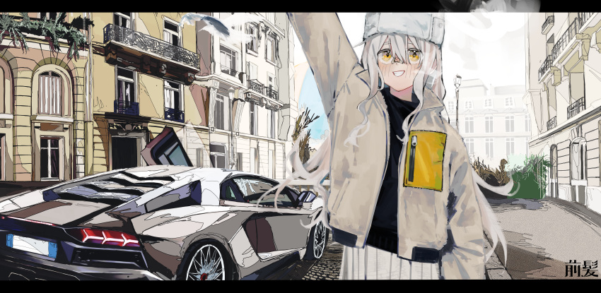 1girl absurdres arm_up black_sweater building car city day highres jacket leadin_the_sky long_hair motor_vehicle original outdoors skirt solo sweater white_hair white_headwear white_jacket white_skirt yellow_eyes