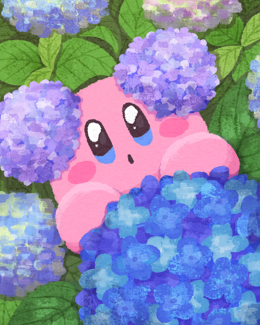 blue_eyes blue_flower blush_stickers flower highres hydrangea kirby kirby_(series) leaf looking_at_viewer miclot no_humans open_mouth outdoors purple_flower sparkling_eyes
