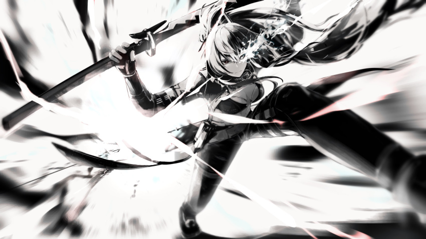 1girl absurdres alpha_(punishing:_gray_raven) breasts explosion flaming_eye greyscale highres holding holding_sword holding_weapon hsbo_tns1 jacket katana leggings long_hair lucia:_crimson_weave_(punishing:_gray_raven) mechanical_arms medium_breasts monochrome ponytail punishing:_gray_raven short_sleeves solo sports_bra sword weapon weapon_behind_back