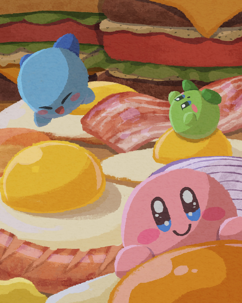 bacon blue_eyes blue_footwear blush_stickers burger cheese closed_mouth food food_focus fried_egg green_footwear highres kirby kirby's_dream_buffet kirby_(series) lettuce looking_at_viewer miclot no_humans onion open_mouth pink_footwear sausage shoes smile tomato