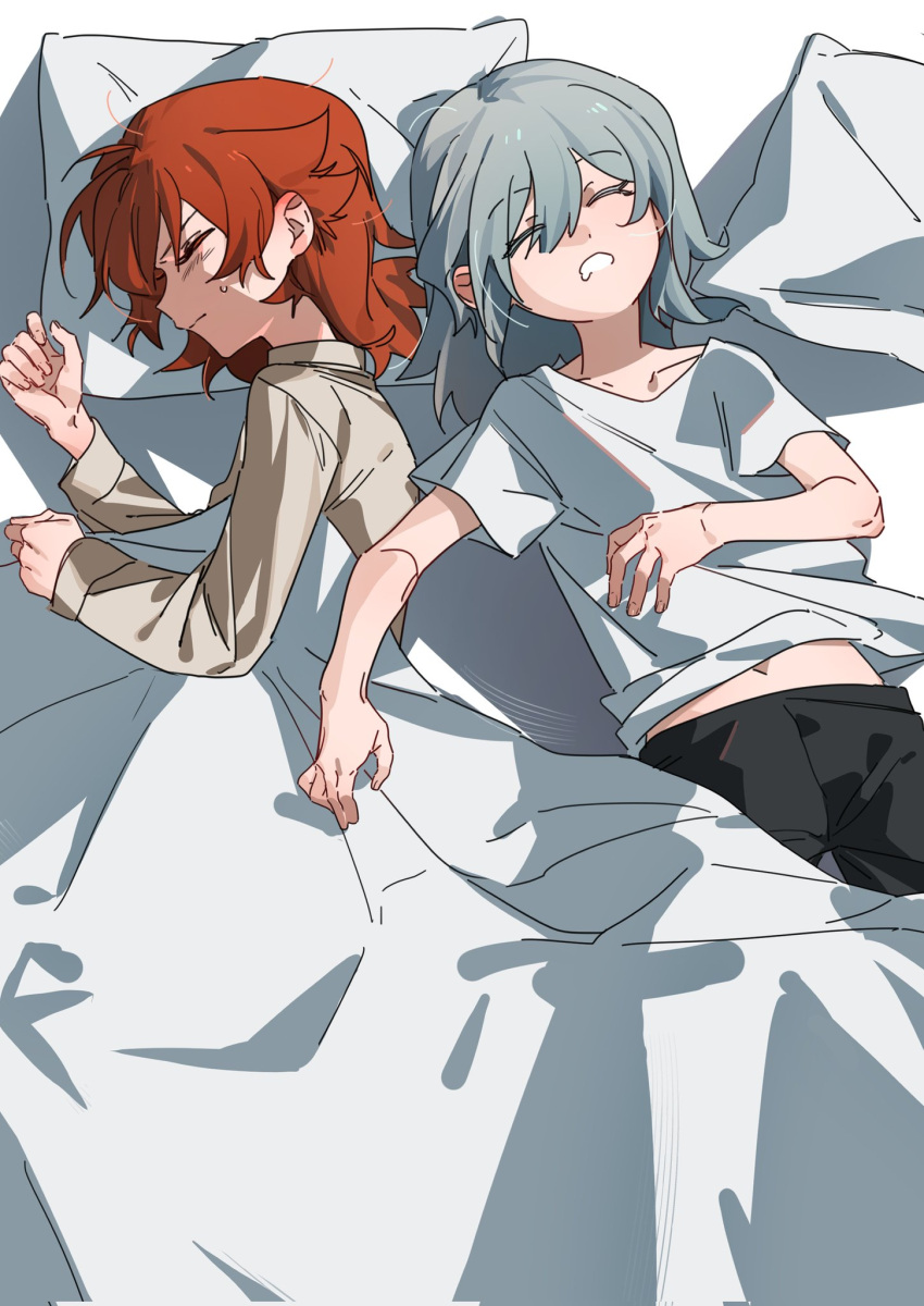 2girls aged_down black_pants child closed_eyes closed_mouth commentary drooling from_above grey_hair grey_shirt highres long_sleeves medium_hair molu_stranger multiple_girls on_bed open_mouth pajamas pants pillow redhead reverse:1999 shirt short_sleeves sleeping sonetto_(reverse:1999) sweatdrop under_covers vertin_(reverse:1999) white_shirt