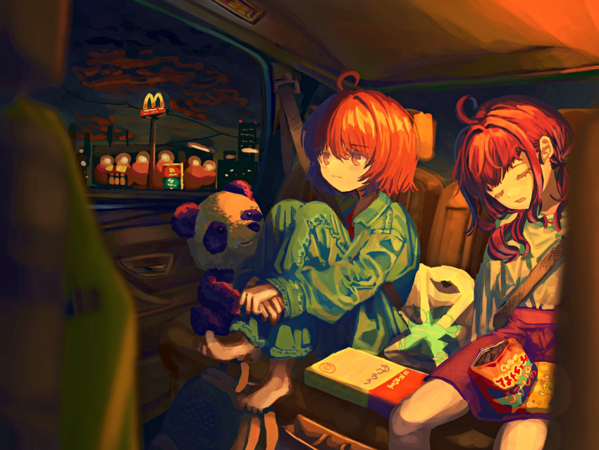 2girls ahoge barefoot blurry blurry_foreground car closed_eyes closed_mouth commentary_request green_pants green_shirt highres hugging_own_legs kagenoyuhi knees_up long_hair long_sleeves mcdonald's motor_vehicle multiple_girls night open_mouth orange_eyes orange_hair original pants red_skirt redhead seatbelt shirt short_hair sidelocks sitting skirt sleeping stuffed_animal stuffed_panda stuffed_toy vehicle_interior white_shirt