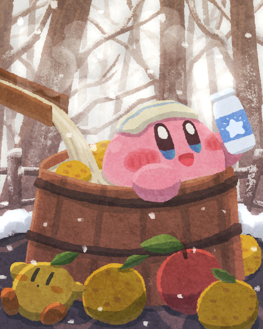 bare_tree blue_eyes bottle food forest fruit highres holding holding_bottle kirby kirby_(series) miclot milk_bottle nature no_humans onsen open_mouth smile snow towel towel_on_head tree winter yuzu_(fruit) yuzu_bath