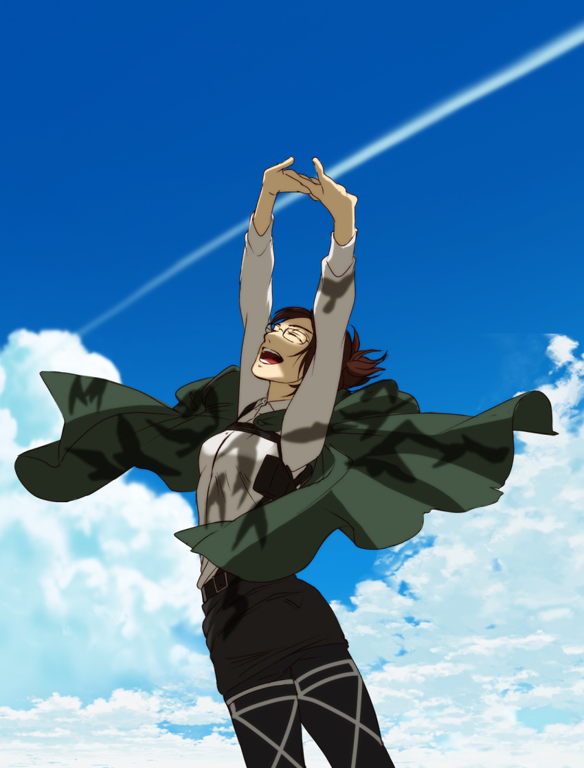 1girl arms_up black_pants blue_sky breasts brown_hair cloak closed_eyes clouds commentary_request from_side glasses green_cloak hange_zoe highres open_mouth pants profile shingeki_no_kyojin sky small_breasts smile solo stretching suzu_(mjje0txjdsyxovk)