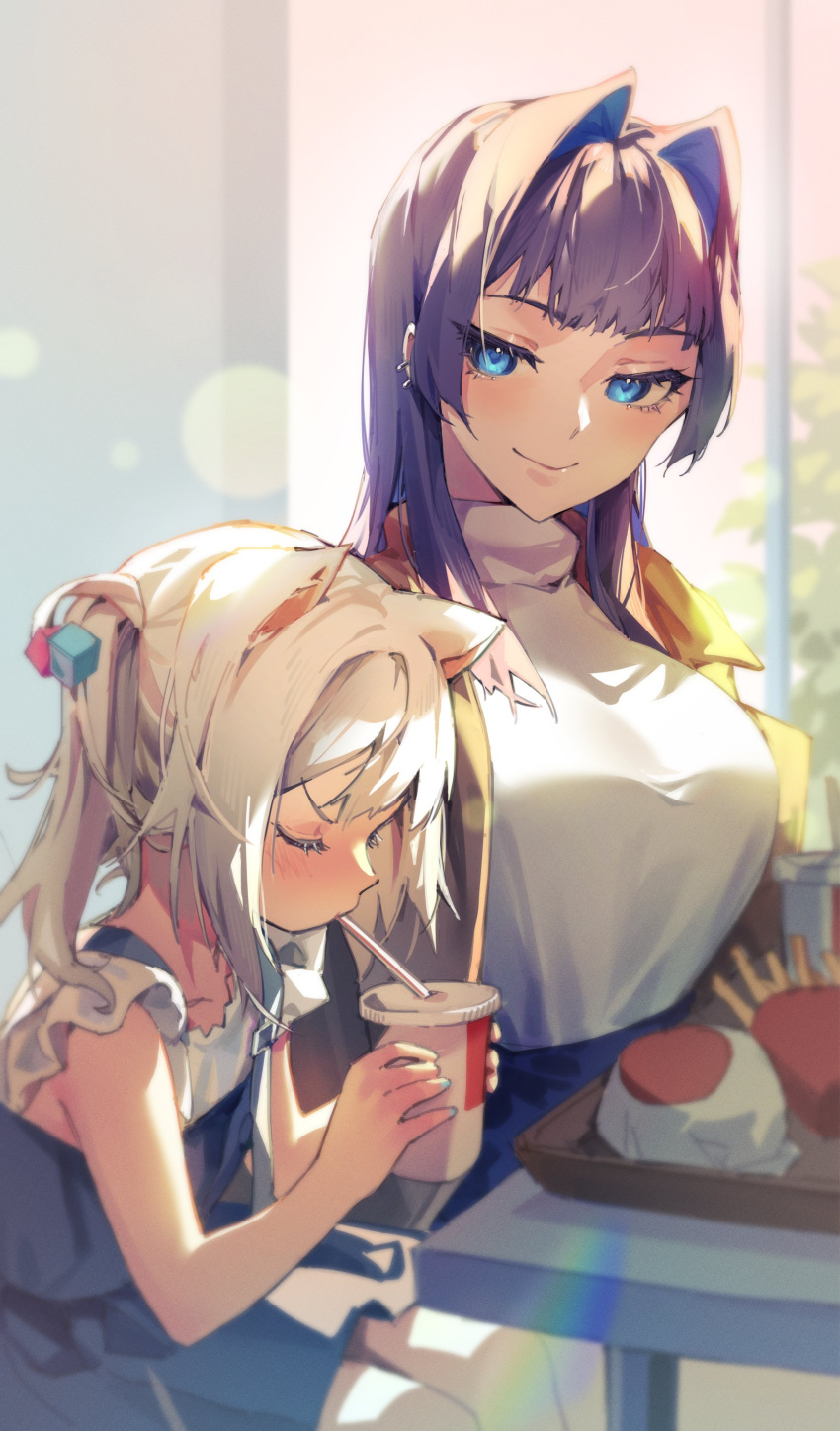 2girls absurdres animal_ears blue_eyes blue_hair blue_nails blue_pants blue_skirt blunt_bangs blush breasts brown_coat cat_ears closed_eyes coat colored_inner_hair cube_hair_ornament cup denim drinking drinking_straw drinking_straw_in_mouth ear_piercing food gawr_gura gawr_gura_(2nd_costume) grey_hair hair_intakes hair_ornament high-waist_pants highres holding holding_cup hololive hololive_english jeans large_breasts long_hair long_sleeves looking_at_another miniskirt multicolored_hair multiple_girls nail_polish newbie_(newbie_132) official_alternate_costume open_clothes open_coat ouro_kronii ouro_kronii_(3rd_costume) pants piercing shirt side_ponytail sidelocks skirt skirt_set sleeveless sleeveless_shirt smile trench_coat turtleneck two-tone_hair virtual_youtuber white_shirt