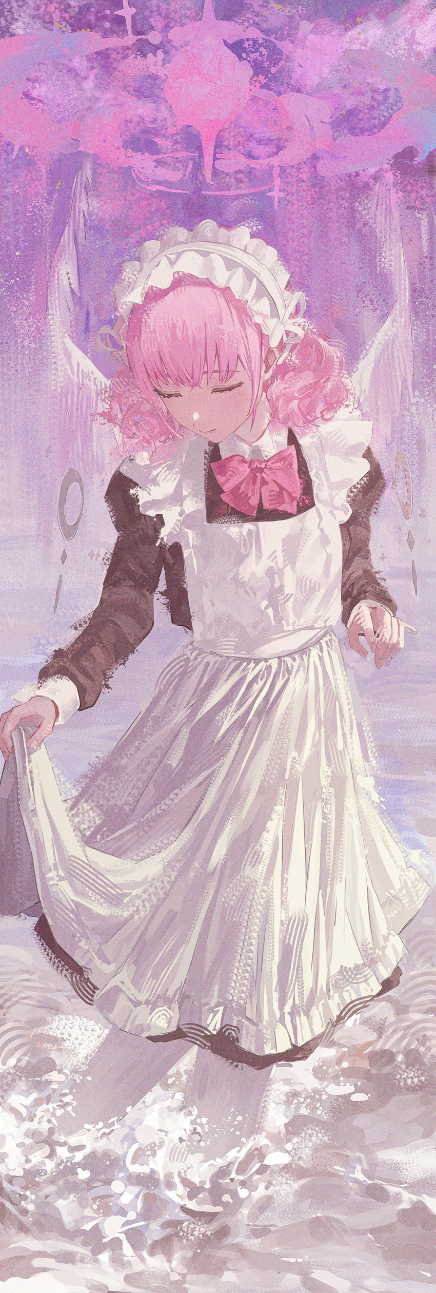1girl absurdres alternate_costume alternate_hairstyle apron apron_hold black_dress blue_archive bow bowtie closed_eyes cute_mdr dress enmaided feathered_wings highres maid mika_(blue_archive) pantyhose pink_bow pink_bowtie pink_hair solo twintails wading white_apron white_pantyhose white_wings wings