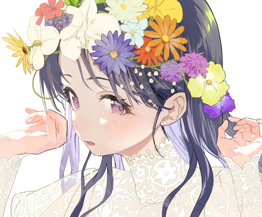 1girl black_hair commentary_request earrings fangs flower flower_wreath fukumaru_koito hair_down hair_flower hair_ornament highres idolmaster idolmaster_shiny_colors jewelry long_sleeves looking_at_viewer portrait see-through skin_fangs solo uouokuma upper_body violet_eyes white_background