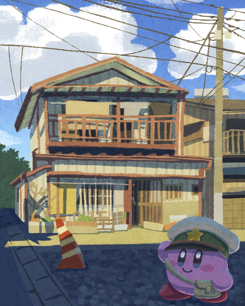 balcony blue_eyes blush_stickers brown_bag bush closed_mouth clouds commentary day highres house kirby kirby_(series) miclot no_humans outdoors pink_footwear plant potted_plant power_lines rural scenery shoes smile traffic_cone utility_pole white_headwear