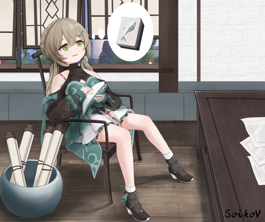 1girl absurdres animal black_footwear bow brown_hair chair clothing_cutout dress fish green_bow green_dress green_eyes hair_ornament hairclip highres holding holding_animal holding_fish honkai:_star_rail honkai_(series) indoors layered_clothes long_hair low_twintails mahjong mahjong_tile paper qingque_(honkai:_star_rail) scroll shoulder_cutout shoulder_strap sitting solo stuffed_animal stuffed_fish stuffed_toy table thought_bubble twintails window zhthktk
