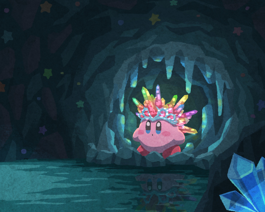 blue_eyes blush_stickers cave closed_mouth copy_ability crown crystal crystal_needle_kirby gem glowing highres indoors kirby kirby_(series) kirby_and_the_forgotten_land miclot no_humans pink_footwear purple_gemstone red_gemstone shoes water yellow_gemstone