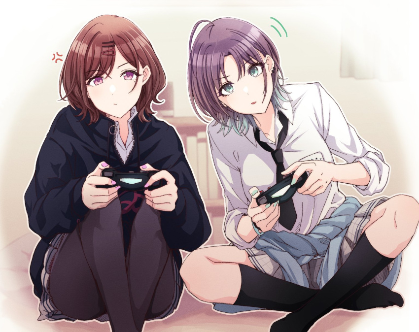 2girls ahoge anger_vein aqua_eyes asakura_toru black_necktie black_pantyhose black_socks black_sweater blue_jacket butterfly_sitting closed_mouth clothes_around_waist collared_shirt commentary_request controller crossed_legs dot_nose ear_piercing foot_out_of_frame game_controller grey_skirt hair_behind_ear hair_ornament hairclip highres higuchi_madoka holding holding_controller holding_game_controller idolmaster idolmaster_shiny_colors indoors jacket jacket_around_waist knees_up kusaka_io leaning_to_the_side long_sleeves loose_necktie mole mole_under_eye multiple_girls necktie open_mouth pantyhose parted_bangs parted_lips piercing pleated_skirt puffy_long_sleeves puffy_sleeves purple_hair redhead school_uniform shirt sitting skirt sleeves_rolled_up socks sweater v-shaped_eyebrows violet_eyes white_shirt