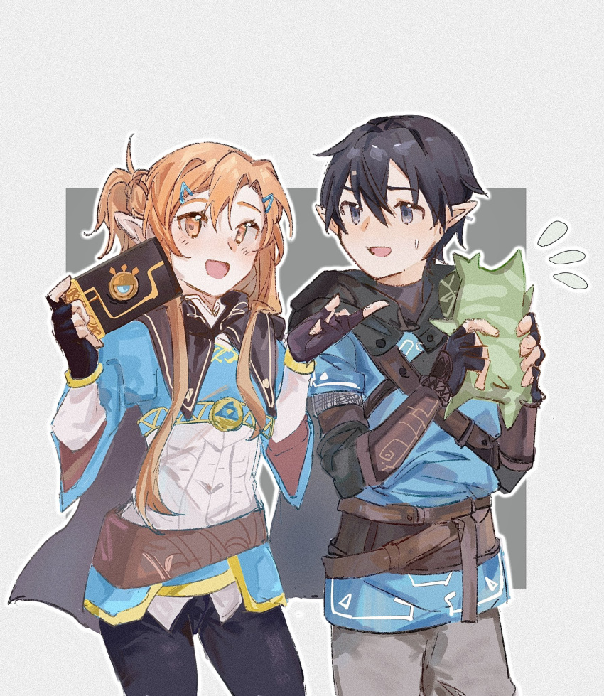 1boy 1girl asuna_(sao) black_eyes black_hair black_pants blush cosplay elf fairy_(sao) gloves hair_ornament highres kirito korok link link_(cosplay) long_hair long_sleeves onori821 open_mouth orange_eyes orange_hair pants pointy_ears princess_zelda princess_zelda_(cosplay) short_hair simple_background sweatdrop sword_art_online the_legend_of_zelda the_legend_of_zelda:_breath_of_the_wild titania_(sao)