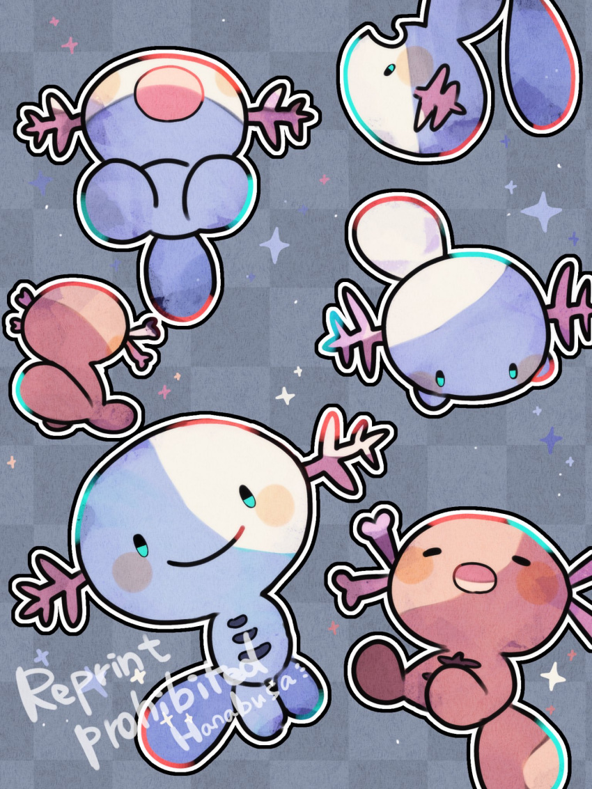 animal_focus artist_name checkered_background closed_eyes commentary_request grey_background hanabusaoekaki highres no_humans open_mouth paldean_wooper pokemon pokemon_(creature) simple_background sleeping smile solid_oval_eyes sparkle upside-down wooper
