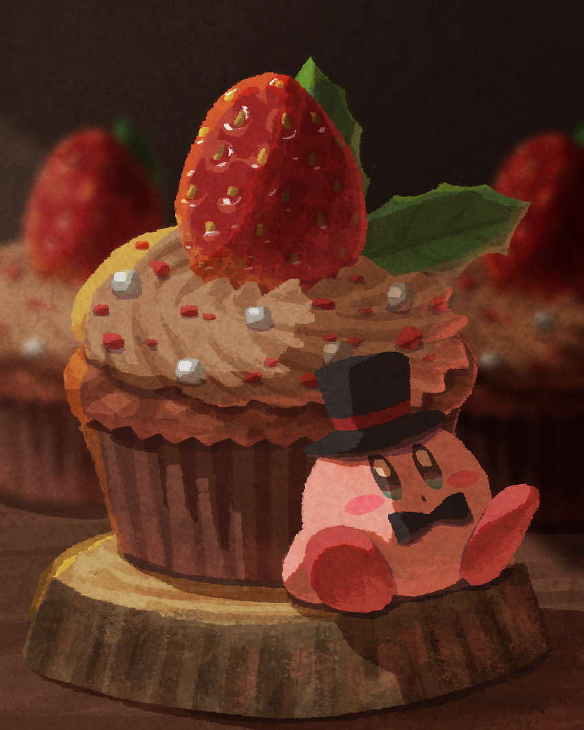 black_bow black_bowtie black_headwear blue_eyes blush_stickers bow bowtie christmas cupcake food fruit hat highres kirby kirby_(series) miclot miniature open_mouth pink_footwear shoes sitting strawberry top_hat