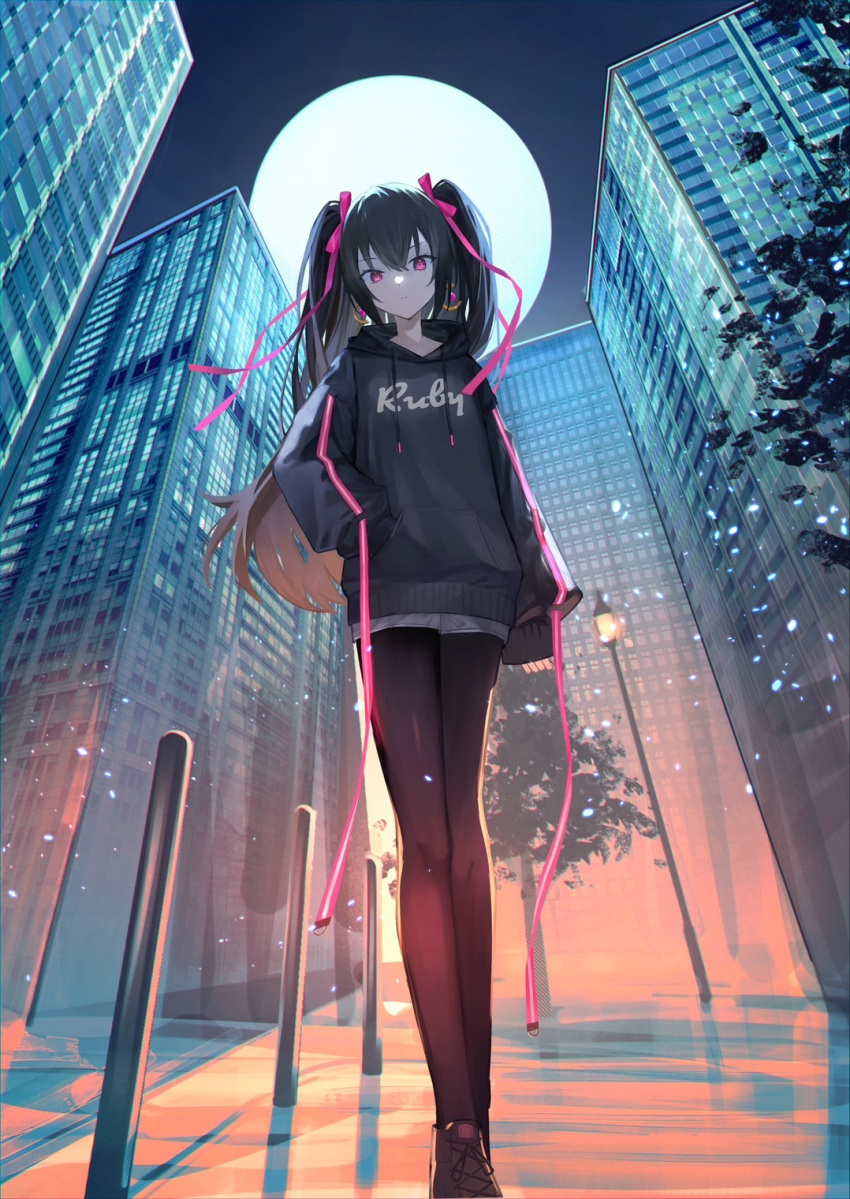 1girl black_footwear black_hair black_hoodie black_pantyhose building closed_mouth commentary cross-laced_footwear drawstring earrings from_below full_moon hair_ribbon hand_in_pocket highres hood hood_down hoodie jewelry lamppost long_hair looking_at_viewer moon night original outdoors pantyhose pink_eyes pink_ribbon ribbon sleeves_past_fingers sleeves_past_wrists solo standing symbol-only_commentary tree two_side_up xyunx