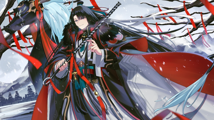 1boy black_hair chinese_clothes closed_mouth coat curtained_hair fate/grand_order fate_(series) fishing_rod forest fur_trim high_collar holding holding_fishing_rod long_hair long_sleeves male_focus nature qilin_(mythology) shirt sibuxiang_(fate) smile snow snowing solo tai_gong_wang_(fate) tree user_vjdv7335 violet_eyes