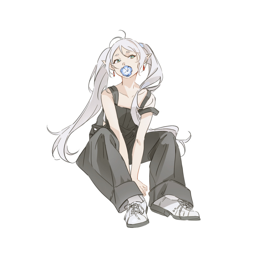1girl black_overalls black_pants chinese_commentary commentary_request er_(user_yhzm5478) flower_in_mouth frieren full_body green_eyes highres long_hair overalls pants pointy_ears shoes simple_background sitting solo sousou_no_frieren twintails white_background white_footwear white_hair