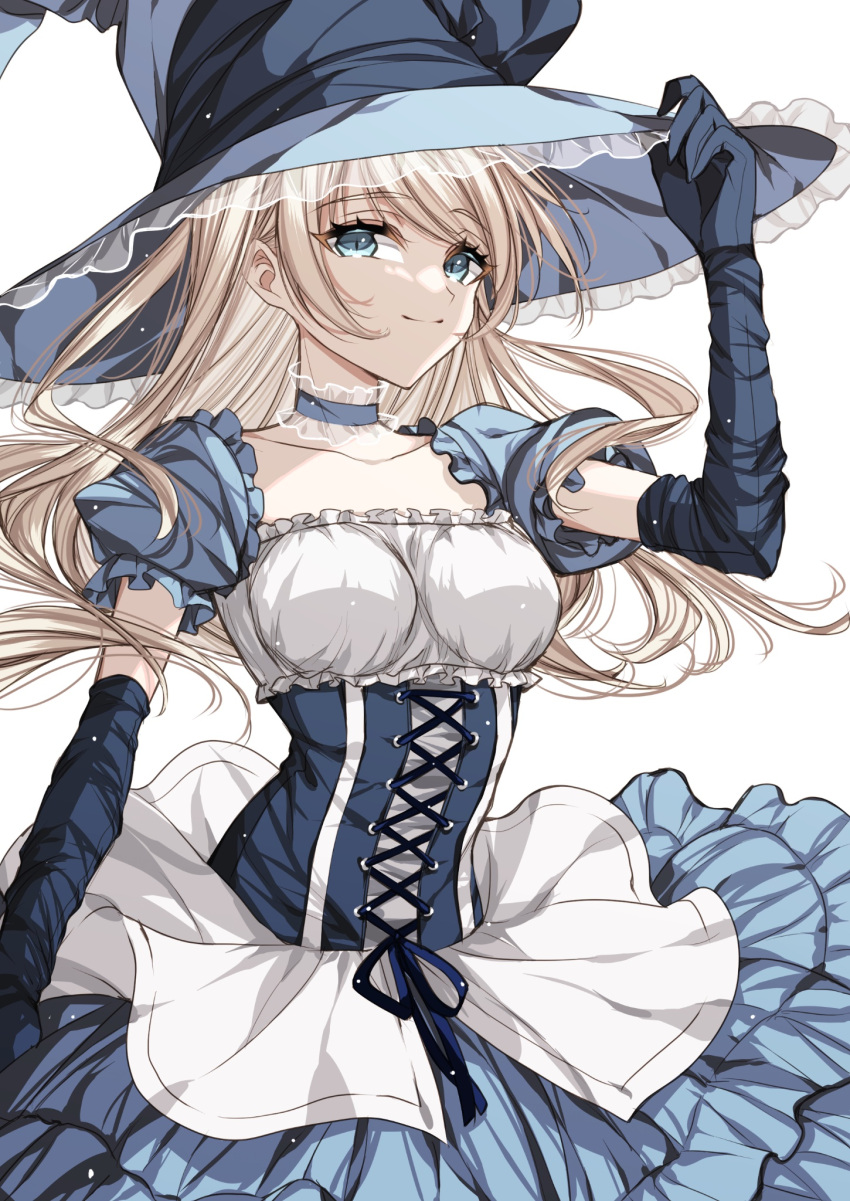 1girl blonde_hair blue_dress blue_eyes blue_gloves choker closed_mouth collarbone corset dress elbow_gloves frilled_choker frilled_dress frilled_hat frills gloves hand_on_headwear hat highres long_hair looking_at_viewer magical_girl misteor multicolored_clothes multicolored_dress original puffy_sleeves simple_background smile solo swept_bangs white_background white_dress witch_hat