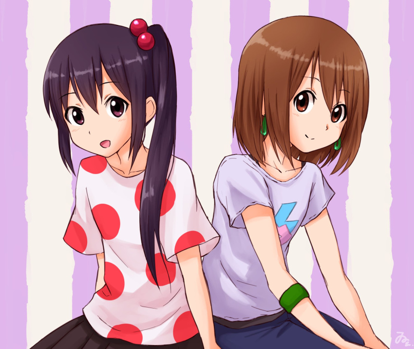 2girls black_hair black_skirt blue_pants brown_eyes brown_hair closed_mouth commentary_request earrings een941 grey_shirt hair_between_eyes hair_bobbles hair_ornament highres hirasawa_yui jewelry k-on! light_blush long_hair looking_at_viewer multiple_girls nakano_azusa open_mouth pants ponytail protected_link shirt short_hair short_sleeves signature sitting skirt smile split_mouth striped striped_background two-tone_background white_shirt