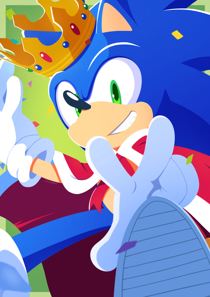 1boy absurdres animal_ears animal_nose cape commentary confetti crown english_commentary furry furry_male gloves green_eyes grin highres hipstersilver looking_at_viewer male_focus official_style red_cape shoe_soles shoes smile solo sonic_(series) sonic_the_hedgehog uno_yuuji_(style) v white_gloves
