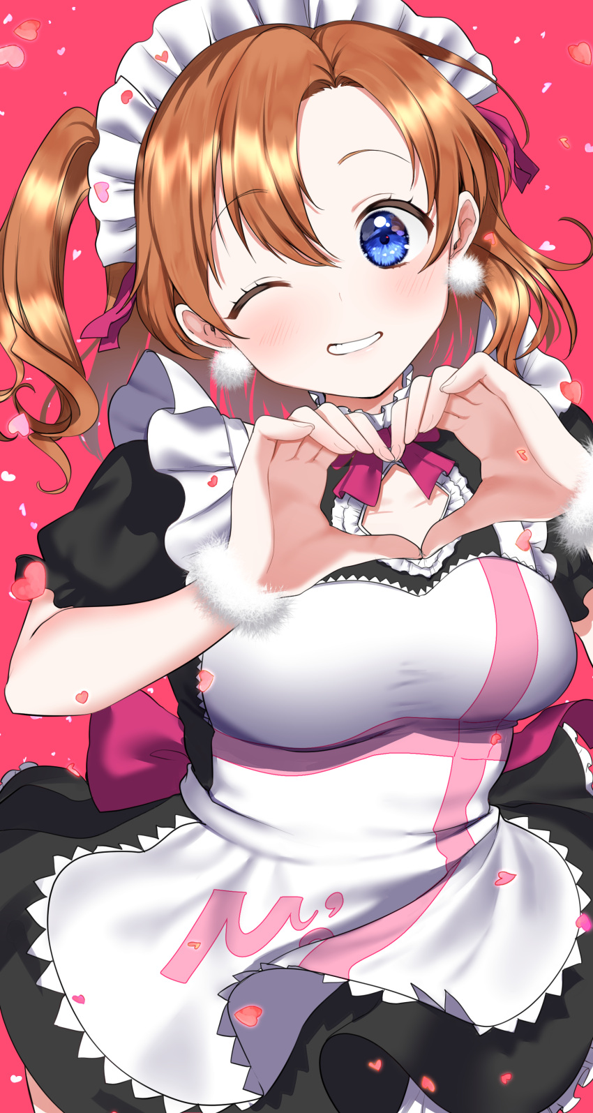 ;d absurdres apron black_dress blue_eyes blush bow bowtie breasts cowboy_shot dress earrings frilled_apron frills grin heart heart_hands highres jersey_maid jewelry kazepana kousaka_honoka love_live! love_live!_school_idol_project maid maid_apron maid_headdress medium_breasts mogyutto_"love"_de_sekkin_chuu! official_alternate_costume one_eye_closed one_side_up orange_hair pink_background pink_bow pink_bowtie pom_pom_(clothes) pom_pom_earrings puffy_short_sleeves puffy_sleeves short_sleeves smile taut_clothes unconventional_maid white_apron
